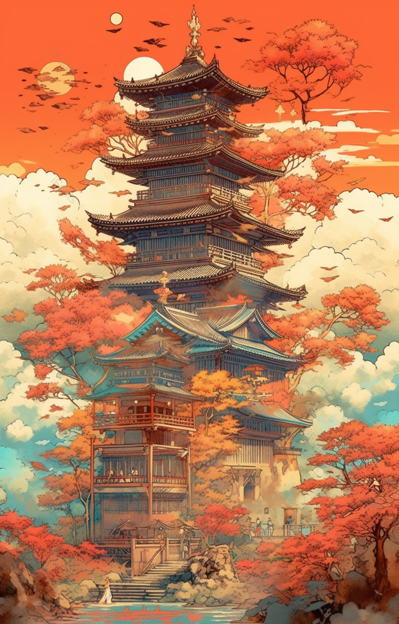 红色的山庄古建筑国潮中国风建筑插画背景,插画/手绘图,插画/手绘图库,插画/手绘图下载,插画/手绘